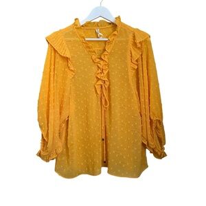 By Anthropologie Swiss Dot Ruffle Sheer Yellow Gold Blouse Women Sz M